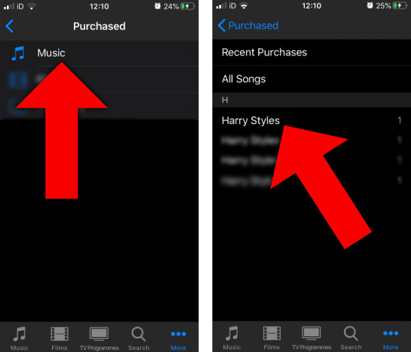 Select purchased music on iPhone