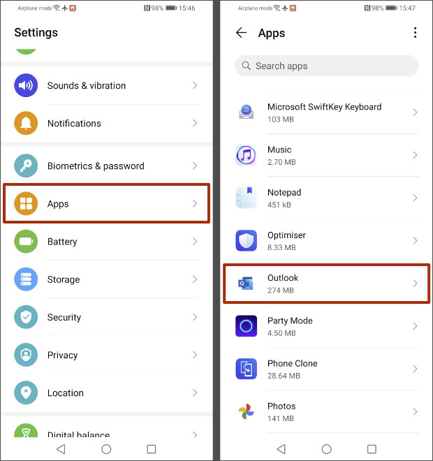 Setting Outlook app permissions on Android