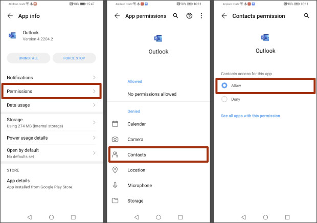 Setting Outlook app contacts permissions on Android