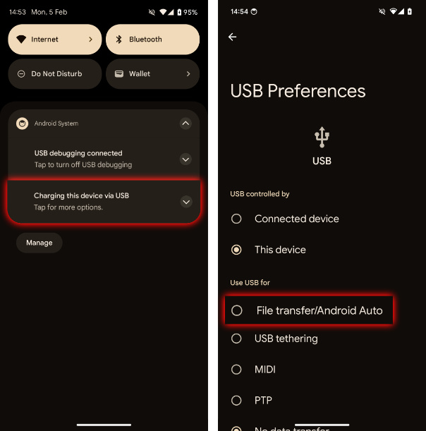 Set USB file transfer option