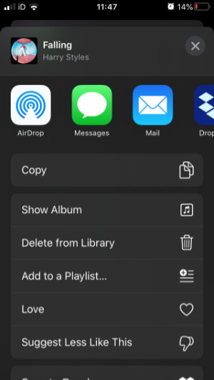 iPhone Music share options