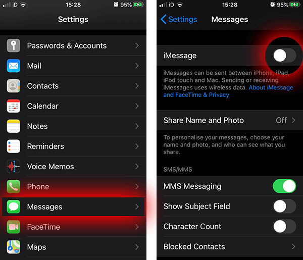 Disable iMessages on iPhone