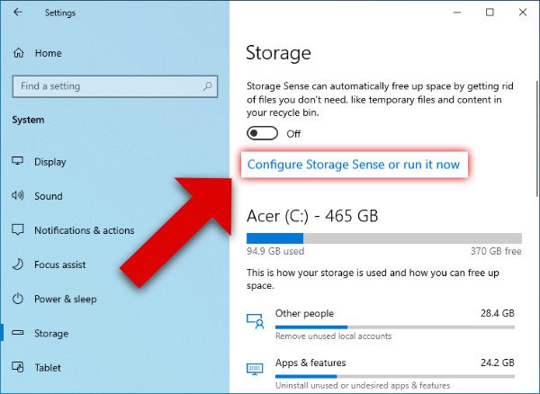 Storage Sense free up space now