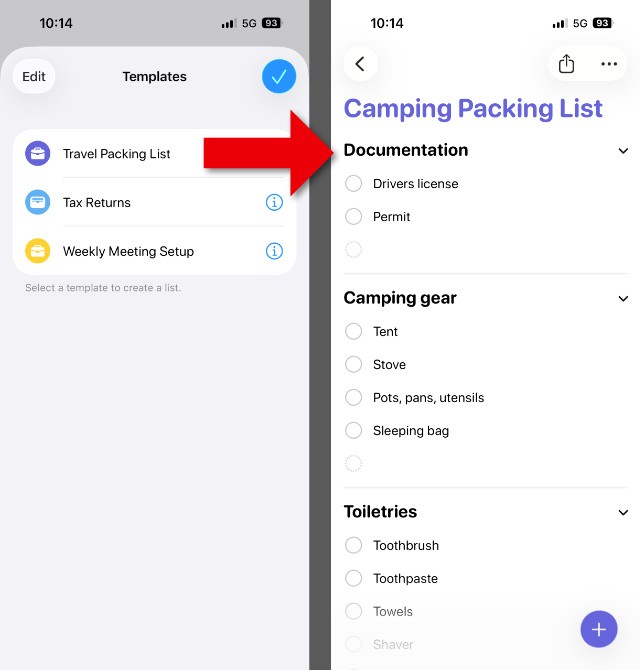 Creating a new reminders list from a template on iPhone