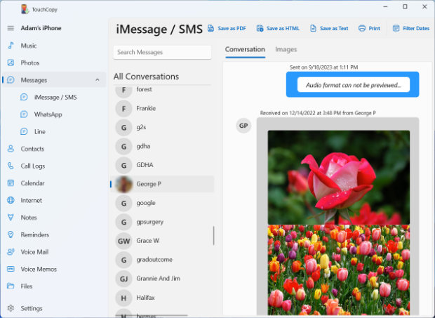 Viewing iPhone audio messages using TouchCopy on PC