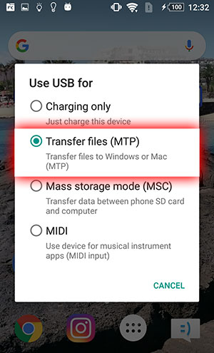 Set Android up to transfer files to PC