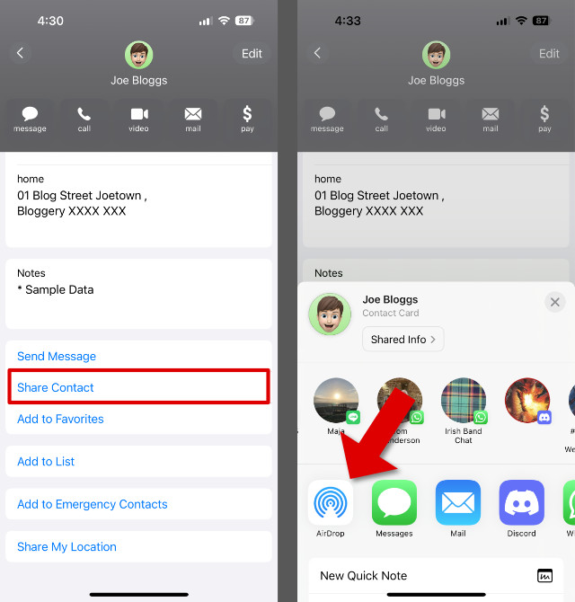 Transfer an iPhone contact via Airdrop