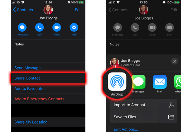 Transfer an iPhone contact via AirDrop