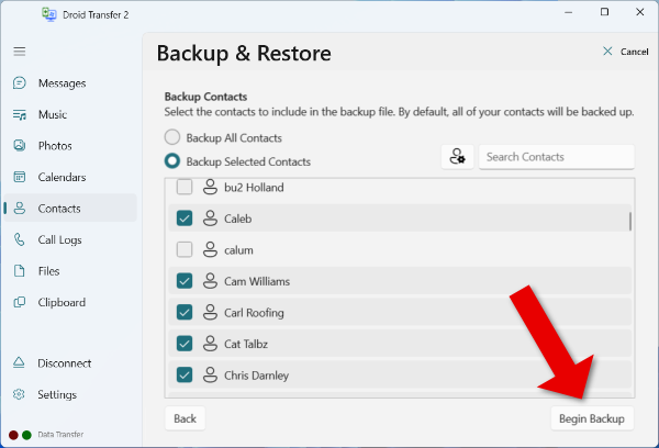 Backing up Android Contacts with Droid Transfer