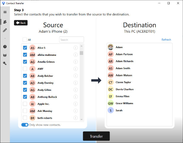 Transfer contacts from iPhone to PC using Contact Transfer