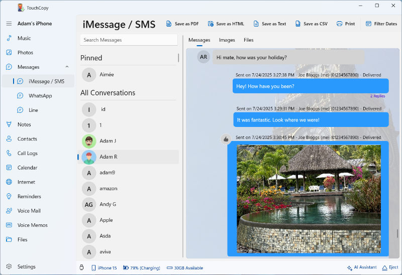 Exporting iMessages from iPhone to computer with TouchCopy