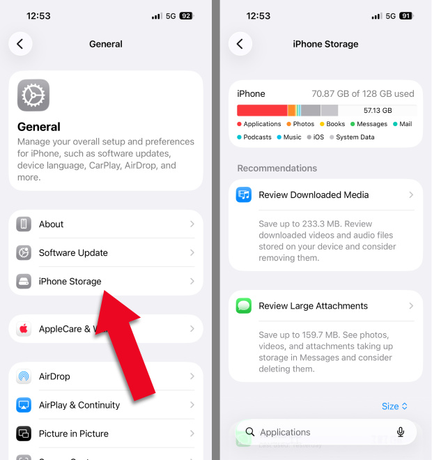 Accessing iPhone Storage information in Settings
