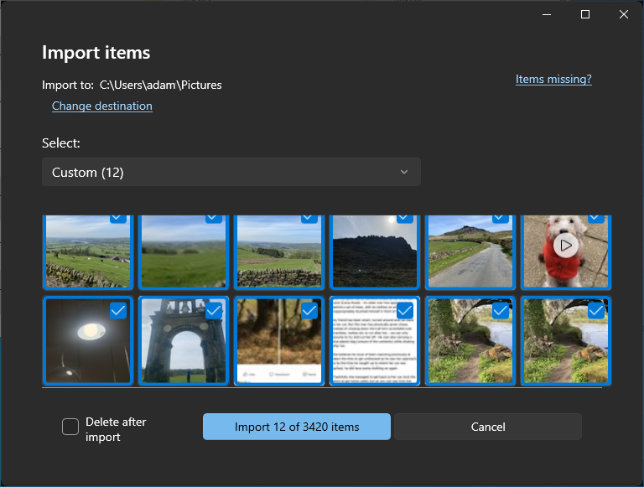 Importing selected iPhone photos to PC with Windows Photos app
