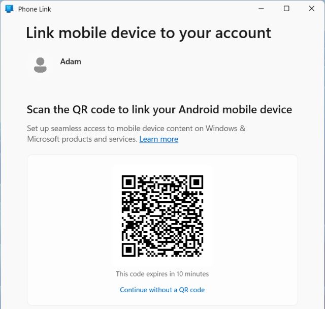 Microsoft Phone Link app QR code