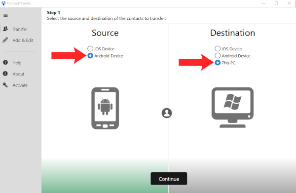 Selecting Android as source and PC as destination
