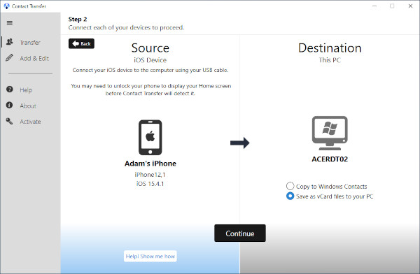 iPhone and PC connected to Contact Transfer