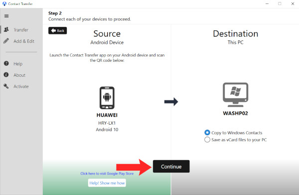 PC and Android connected to Contact Transfer