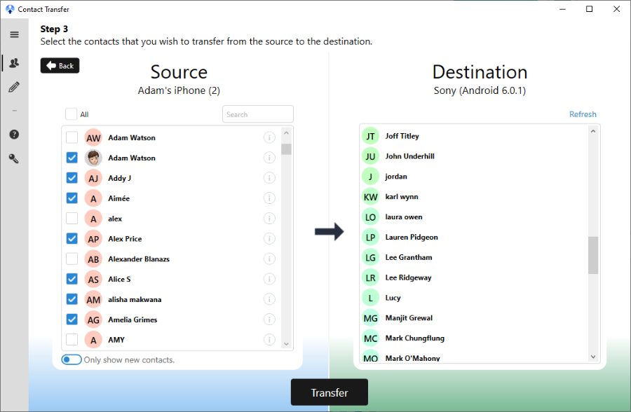 Selecting contacts to transfer from iPhone to Android.