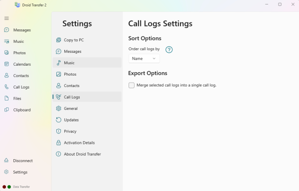 Droid Transfer Call Logs options