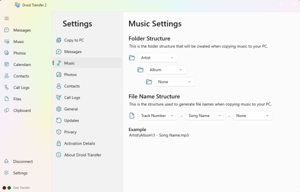 Droid Transfer Music options