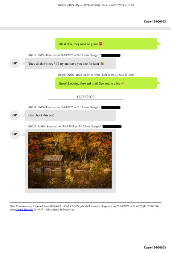 Example of an Android text message printout using Droid Transfer with forensic details