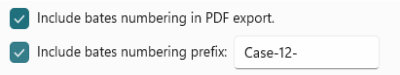 Screenshot of Bates numbering and prefix options