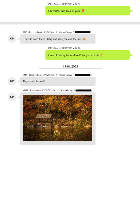 Example of an Android text message printout using Droid Transfer without any forensic details