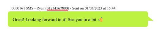 Screenshot example of name and phone number above sent messages