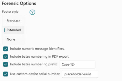 Screenshot of the Droid Transfer forensic settings as a reference for the rest of the guide