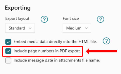Screenshot of the settings where PDF numbering is available to enable