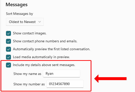 Screenshot of settings used to add name and phone number above sent messages