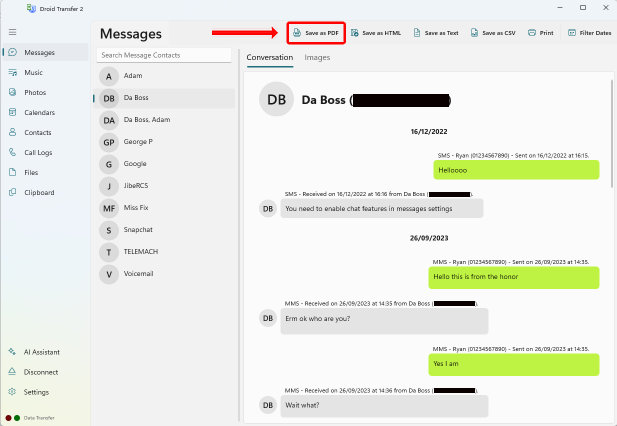 Screenshot of Export to PDF button highlighted within Droid Transfer