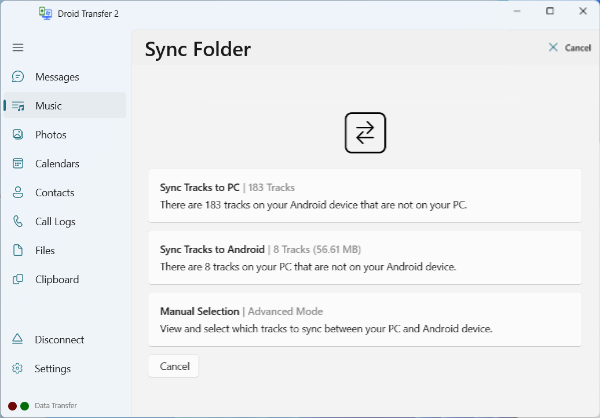 Droid Transfer Music sync summary