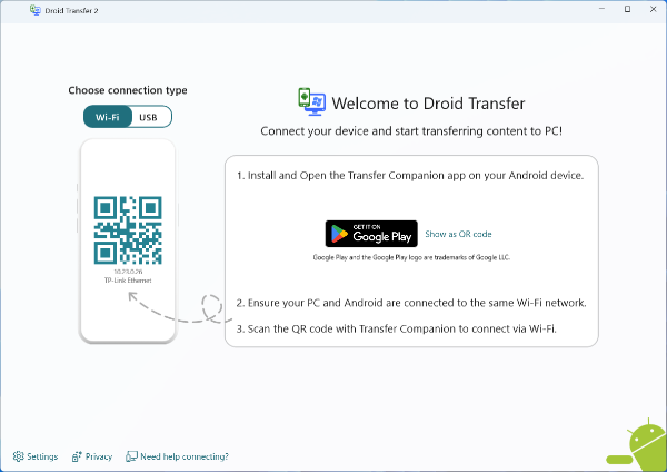 Droid Transfer connect screen