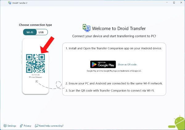 droid transfer connect screen