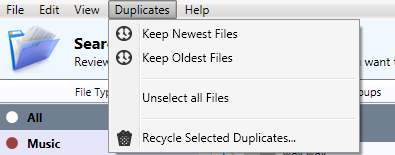 Duplicate sweeper Duplicates menu