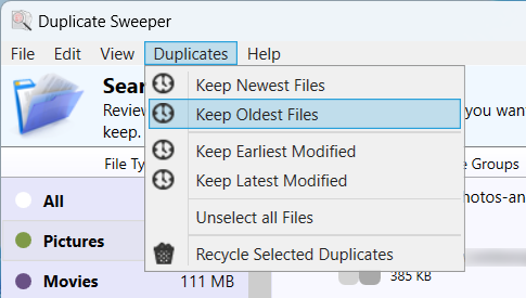 Duplicate sweeper Duplicates menu