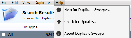 Duplicate Sweeper help menu