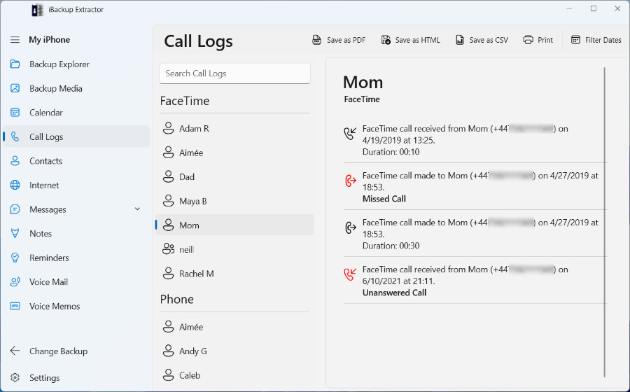 Extract call logs from iPhone backup