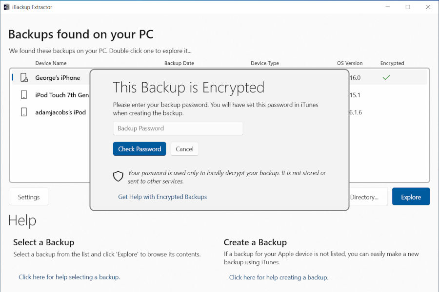 Access encrypted backups to copy data to computer