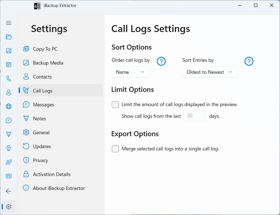 iBackup Extractor call log options