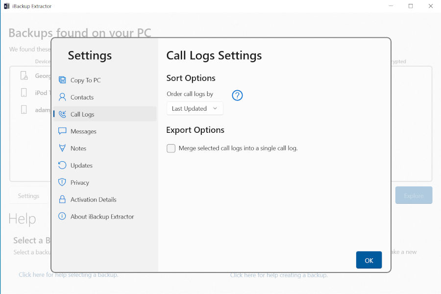 iBackup Extractor call log options