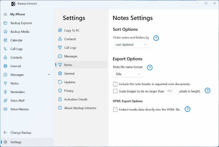 iBackup Extractor notes options PC