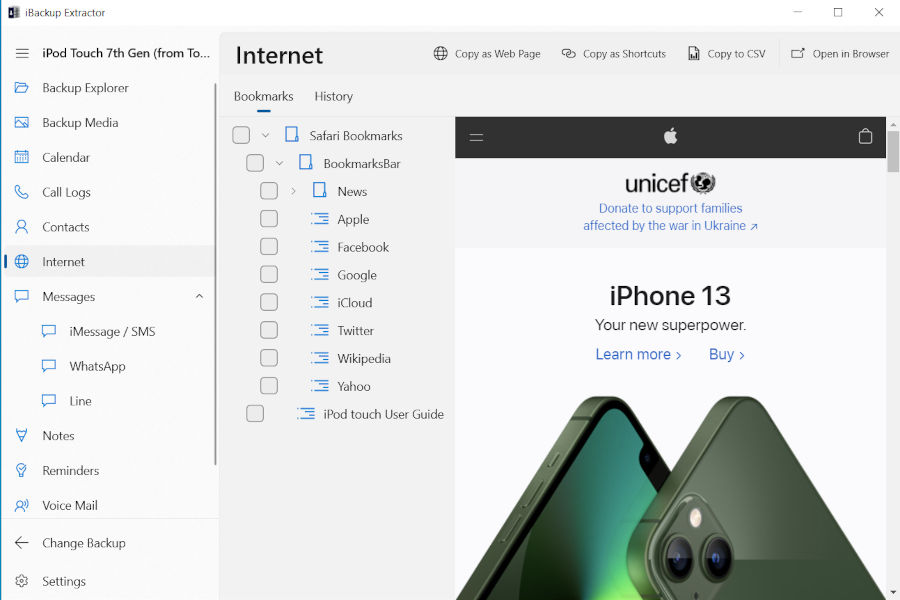 Save internet bookmarks and history from iPhone backup