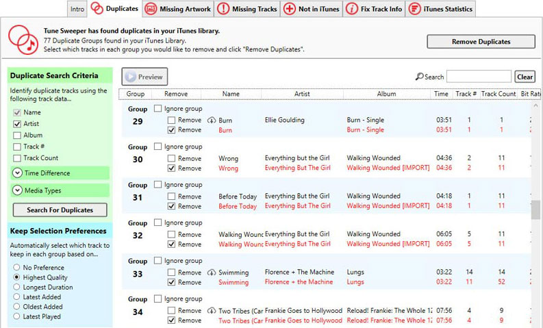Delete duplicate iTunes tracks with Tune Sweeper
