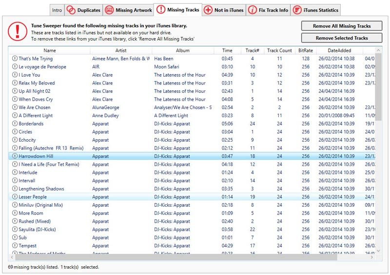 Tune Sweeper lists all the tracks in iTunes that are not on your computer.