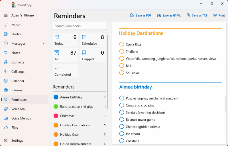 Browse iPhone reminders with TouchCopy