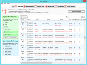 Tune Sweeper groups duplicates tracks for easy selection.