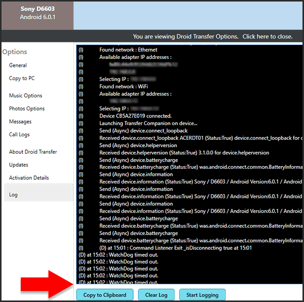 Droid Transfer prosses log