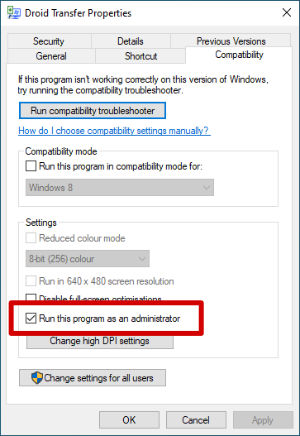 Running Droid Transfer as administrator on Windows 7